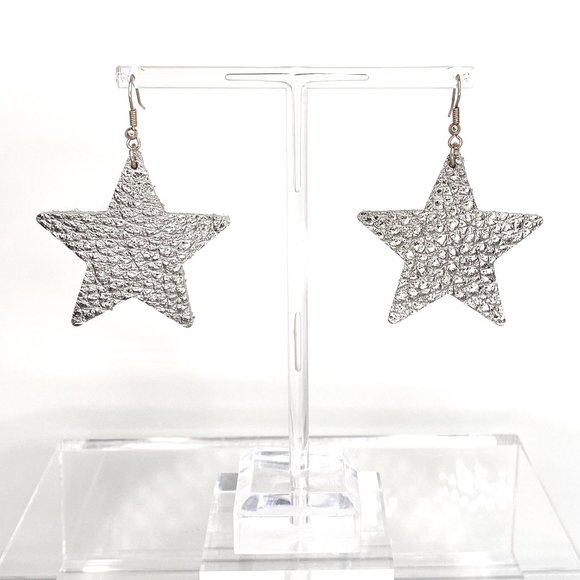 Silver Star Leather Earrings - Picture 2 of 2